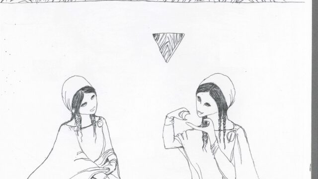 Thématiques croisées de la vie sur les terrasses, de l'assise au sol et du geste gracieux au moment de manger avec les mains.